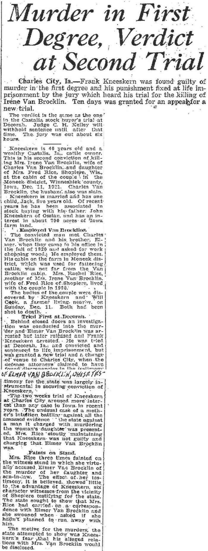Van Brocklin Murder Janesville Daily Gazette, Janesville, Wisc. Tuesday Jan. 23, 1923
